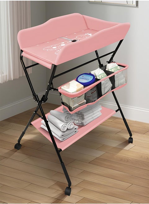 Baby Changing Table Foldable Portable Changing Table with Wheels Adjustable Height (Pink)