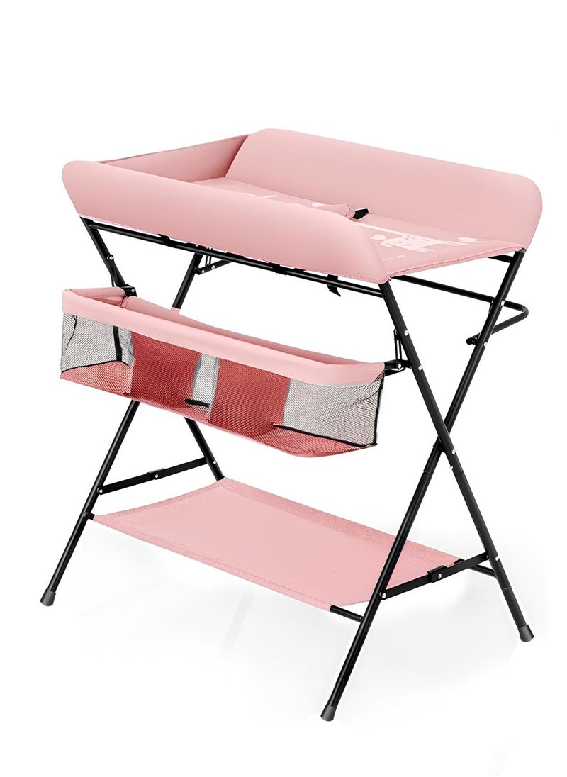 Baby Changing Table Foldable Portable Changing Table with Wheels Adjustable Height (Pink)