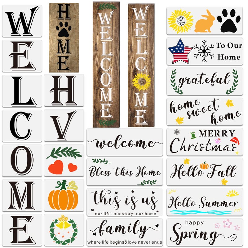 Welcome Stencil for Painting on Wood Reusable Large Vertical Welcome Sign Stencil for Front Door Porch Sign or Outside Decor Christmas Letter Stencils Seasonal Stencil for Wall Art DIY Crafts