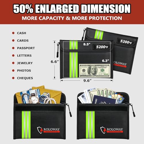 ROLOWAY Fireproof Bag (9.6 x 6.6 inches) 5200℉ Heat Insulated with Reflective Strip, Fireproof Money Bag with Zipper for Cash (2-Pack Black) - Image 4