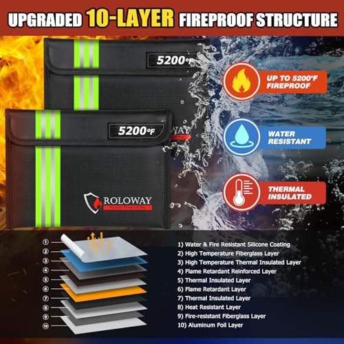 ROLOWAY Fireproof Bag (9.6 x 6.6 inches) 5200℉ Heat Insulated with Reflective Strip, Fireproof Money Bag with Zipper for Cash (2-Pack Black) - Image 2