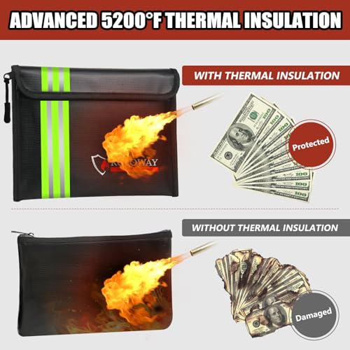 ROLOWAY Fireproof Bag (9.6 x 6.6 inches) 5200℉ Heat Insulated with Reflective Strip, Fireproof Money Bag with Zipper for Cash (2-Pack Black) - Image 3