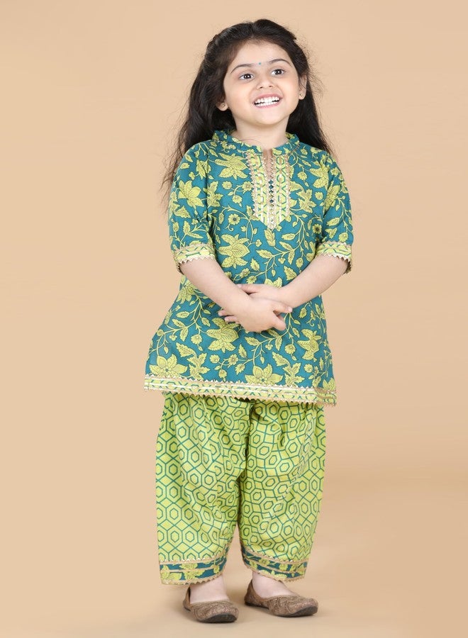 Adiva Kids Cotton 3/4th Sleeve Green Kurta Salwar Set for Girls - Ethnic Wear | Festival Wear - Floral Pattern, Regular Fit - Image 2