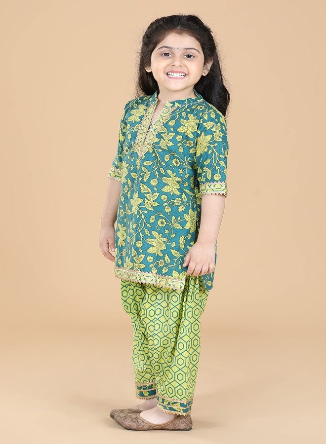 Adiva Kids Cotton 3/4th Sleeve Green Kurta Salwar Set for Girls - Ethnic Wear | Festival Wear - Floral Pattern, Regular Fit - Image 5
