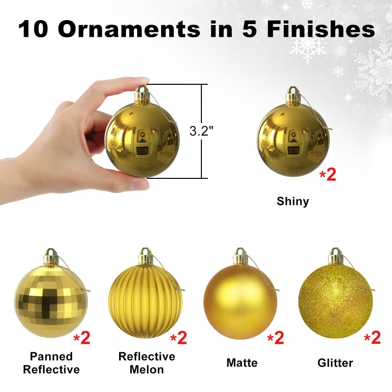 GameXcel Gold 3.2"" Large Christmas Balls - Christmas Tree Decoration Ornaments Shatterproof Hanging Balls for Birthday Halloween Holiday Wedding Decorations Set of 10pcs - Image 2