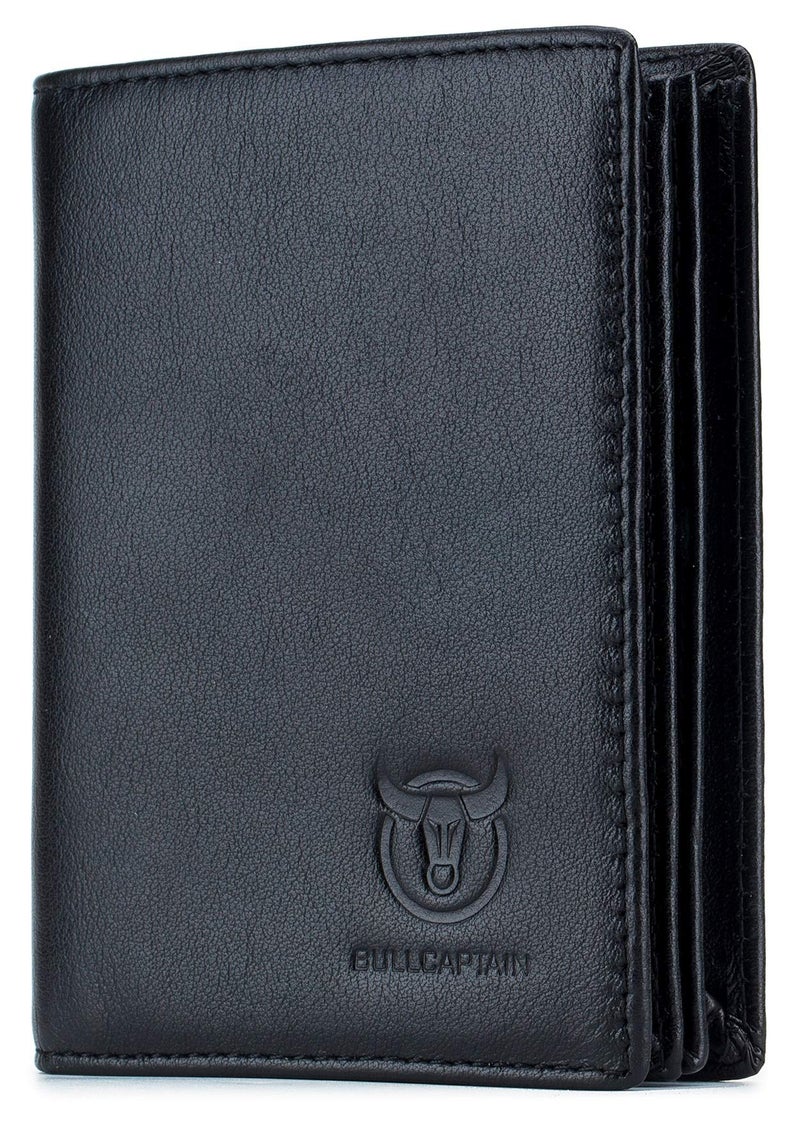 BULLCAPTAIN Genuine Leather Men Wallet RFID Blocking Bifold Wallets ID Window Credit Card Holder (Black) - Image 1