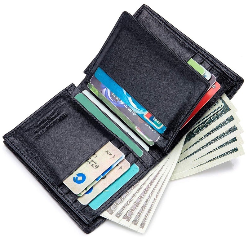 BULLCAPTAIN Genuine Leather Men Wallet RFID Blocking Bifold Wallets ID Window Credit Card Holder (Black) - Image 4