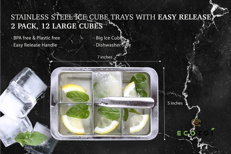 Ecozoi Stainless Steel Metal Ice Cube Trays With Easy Release Handle - 2 Pack | 12 Large Ice Cube Slots | Removable Slots For Easy Ice Cube Removal And Cleaning | Eco Friendly, Plastic Free - Image 4