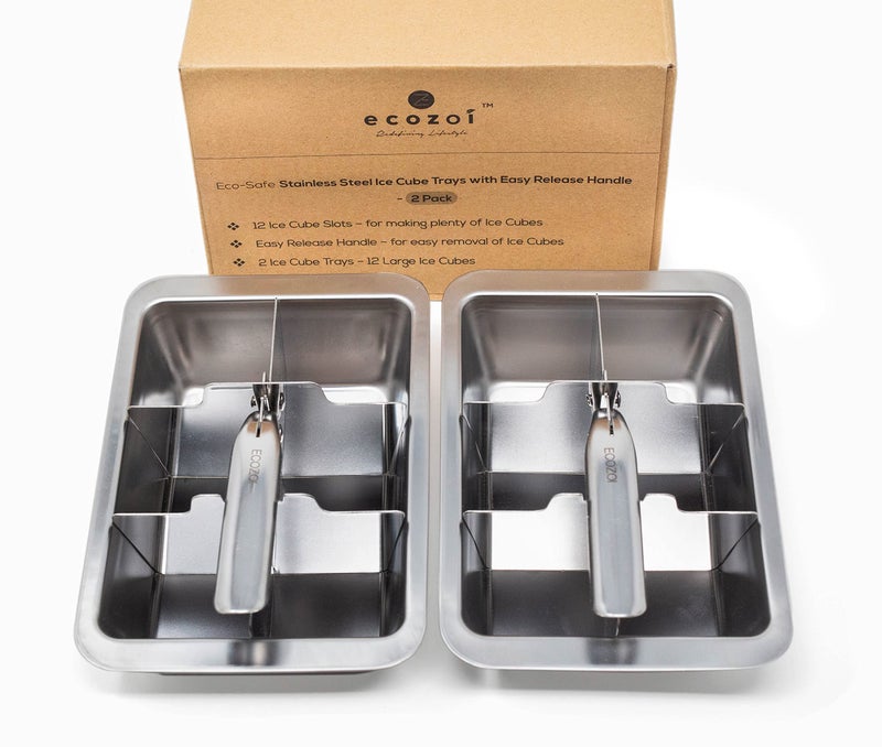 Ecozoi Stainless Steel Metal Ice Cube Trays With Easy Release Handle - 2 Pack | 12 Large Ice Cube Slots | Removable Slots For Easy Ice Cube Removal And Cleaning | Eco Friendly, Plastic Free - Image 1