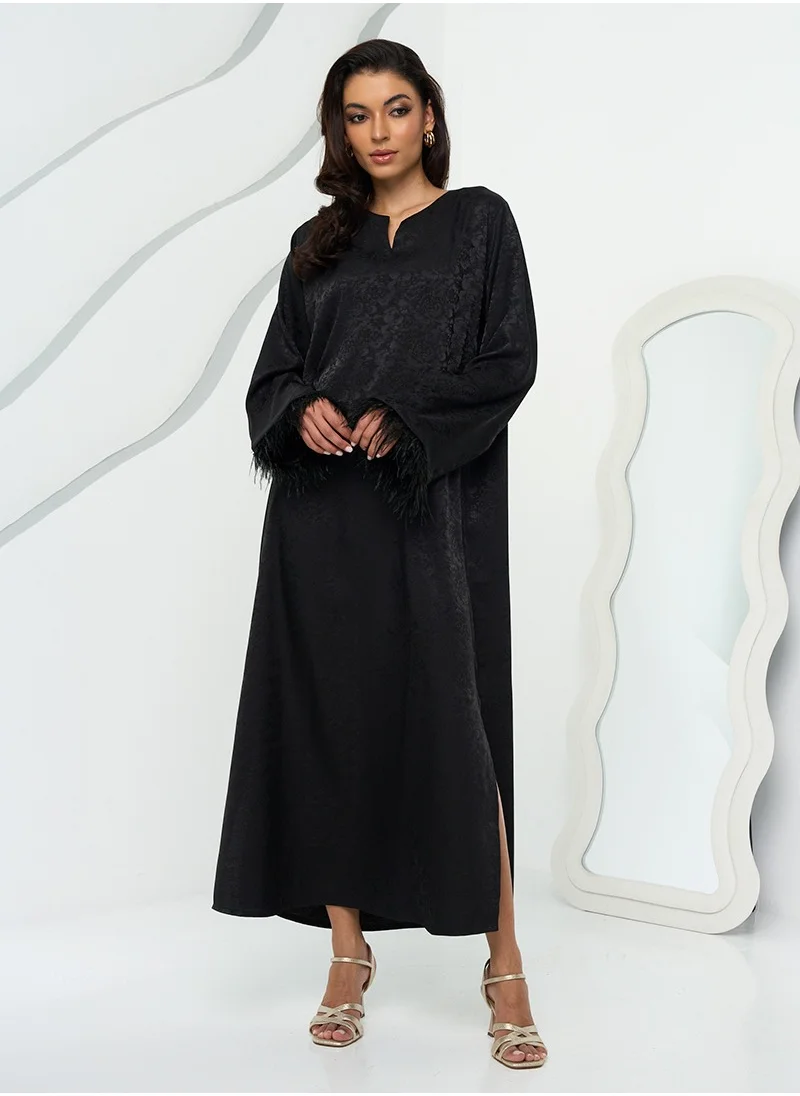 Couturelabs Black Jacquard Kaftan with Feather Detail