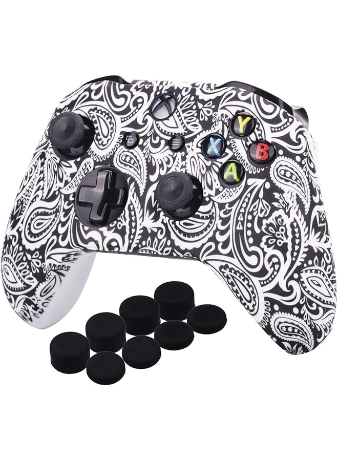 Printing Rubber Silicone Cover Skin Case For Xbox One S/X Controller X 1(Flowers&White) With Pro Thumb Grips X 8 - Image 1