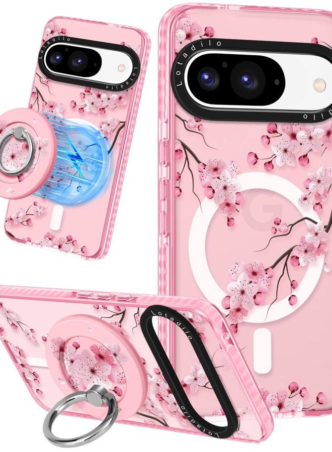 LOTADILO Cute for Google Pixel 9 Pro/9 Case - Compatible with Magsafe Magnetic Ring Holder Stand Kickstand for Women Girls Girly Funny Fashion TPU Phone Case, Peach Blossom - Image 1