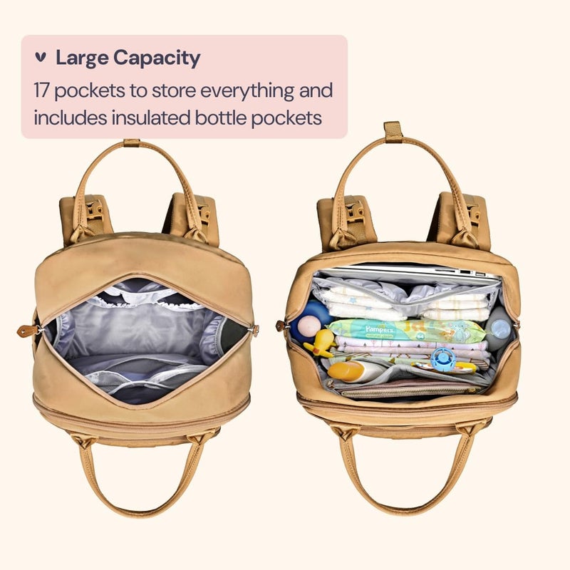 BabbleRoo Diaper Bag Backpack - Baby Essentials Travel Tote - Multi function Waterproof Diaper Bag, Travel Essentials Baby Bag with Changing Pad, Stroller Straps & Pacifier Case - Unisex, Beige - Image 2