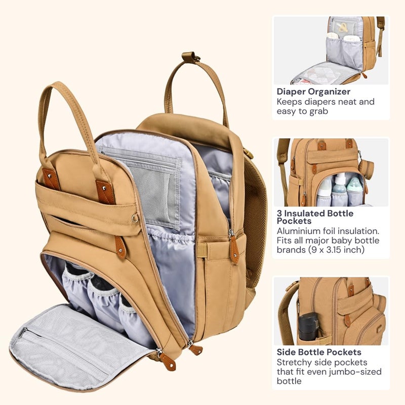 BabbleRoo Diaper Bag Backpack - Baby Essentials Travel Tote - Multi function Waterproof Diaper Bag, Travel Essentials Baby Bag with Changing Pad, Stroller Straps & Pacifier Case - Unisex, Beige - Image 3