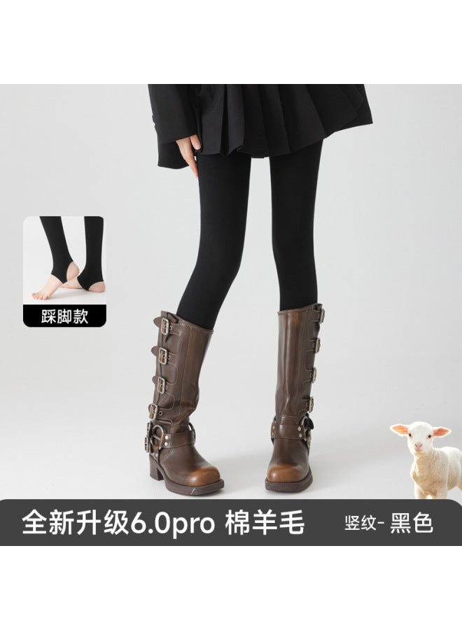 Tall People's Footed Wool Vertical Stripe Autumn And Winter Fleece-lined Thick Cotton Leggings For Outerwear, Stretchy And Warm Pantyhose