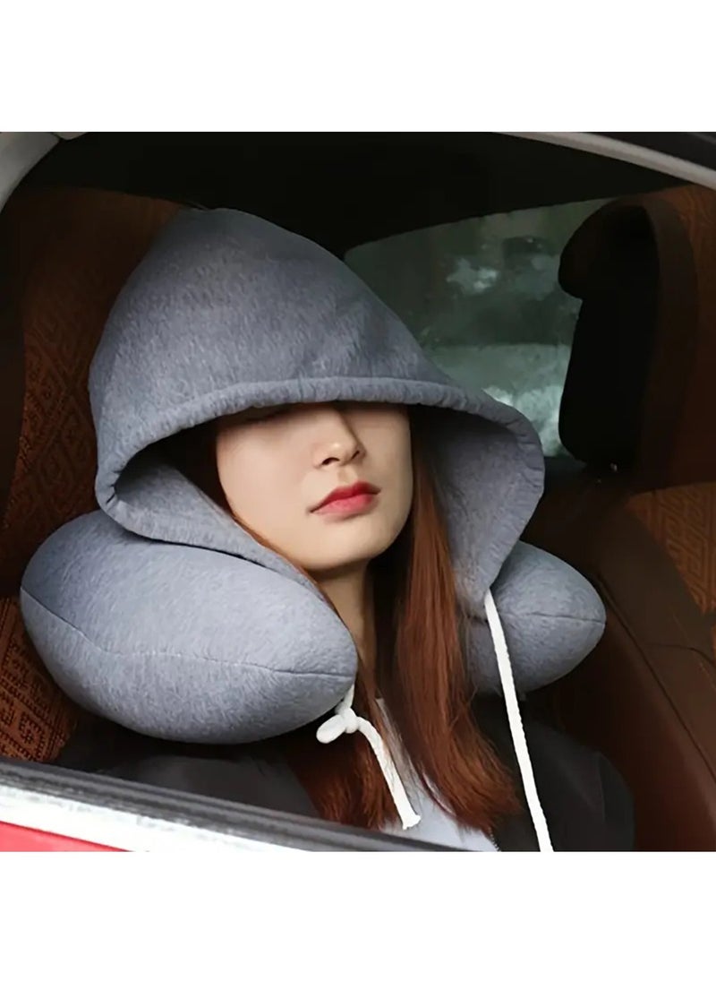 Hihonor - Cozy Travel Companion - Soft, Particle-Filled, Hooded U-Shaped Neck Pillow for Comfortable Airplane Naps, Relaxing Car Rides, and Peaceful Bus Trips (Black) - Image 1