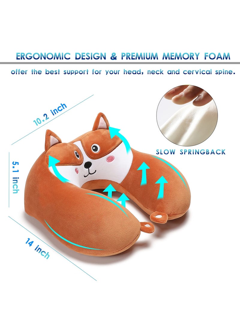 SYOSI Travel Pillow for Kids and Adults, Lovely Animal Memory Foam Neck Pillow with Soft Fleece Cover and Eye Mask Set, Airplane Pillow Travel Kit with Drawstring Organizer Bag, Machine Washable (Puppy)  - Image 3
