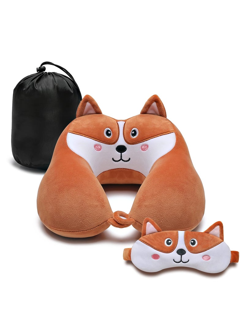 SYOSI Travel Pillow for Kids and Adults, Lovely Animal Memory Foam Neck Pillow with Soft Fleece Cover and Eye Mask Set, Airplane Pillow Travel Kit with Drawstring Organizer Bag, Machine Washable (Puppy)  - Image 1