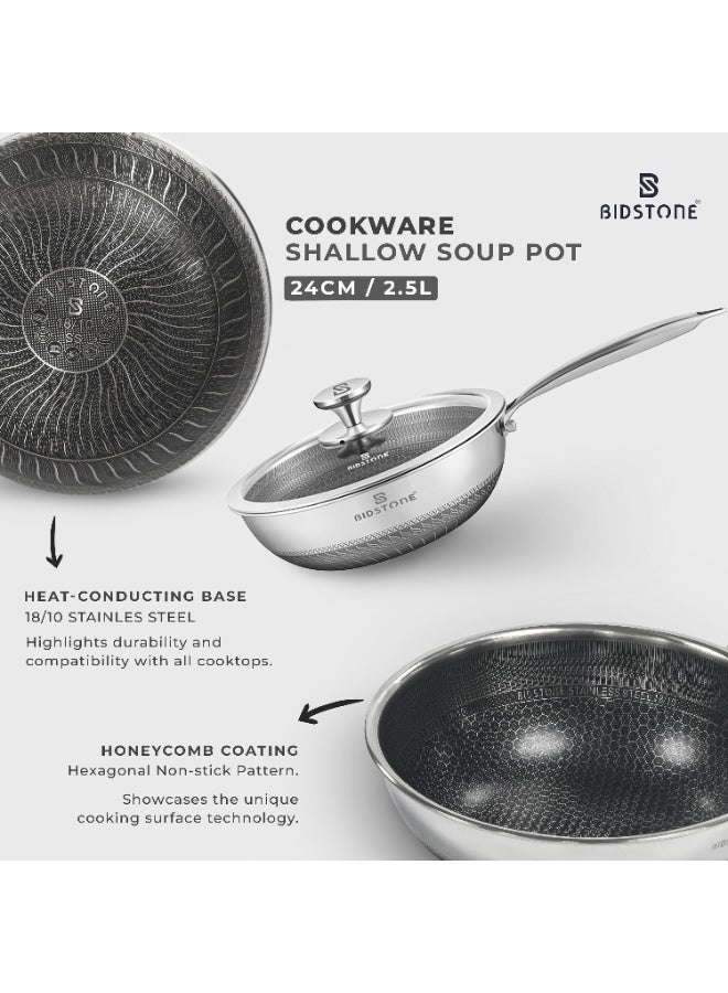 بيدستون مقلاة ووك ٢٤ سم – سعة ٢.٥ لتر بطبقة خلايا النحل الفاخرة مع غطاء زجاجي مقسّى، غير لاصقة من الستانلس ستيل ١٨/١٠، تصميم عميق مثالي للتشويح والطهي المتنوع، آمنة للفرن والحث المغناطيسي، أواني متينة بمقابض مقاومة للحرارة وخالية من المواد الضارة - Image 2