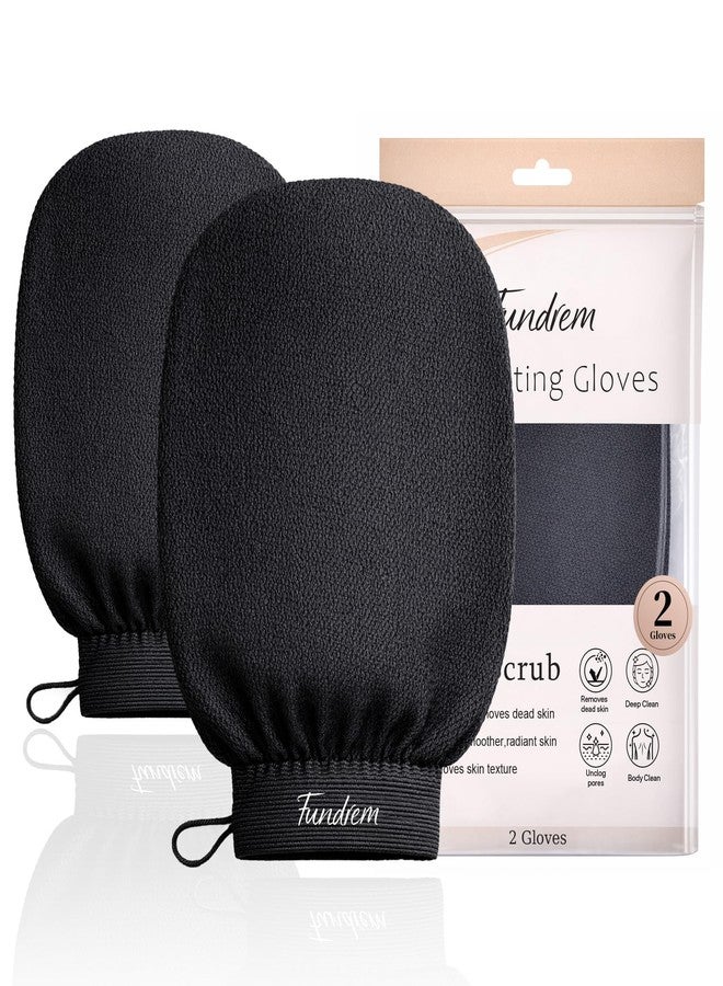 Fundrem Exfoliating Gloves 2 Pcs, Korean Exfoliating Mitt, Body Scrub for Dead Skin Remover, Exfoliating Body Scrubber for Bath Shower, Body Exfoliator Scrubber, Moroccan Exfoliate Glove, Women Men (Black - Image 1