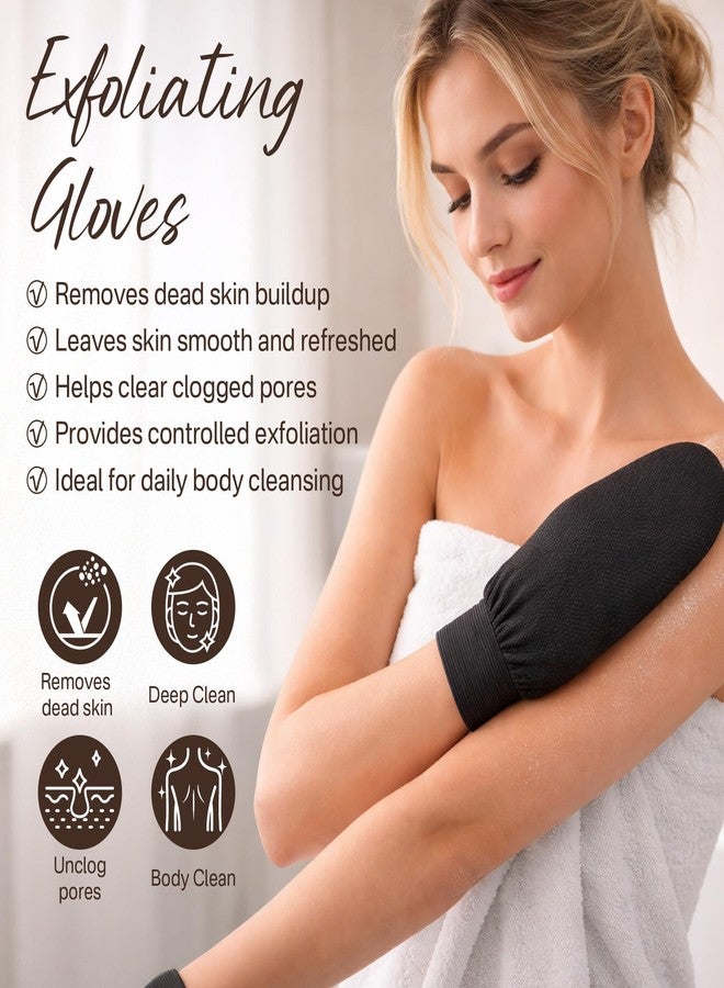 Fundrem Exfoliating Gloves 2 Pcs, Korean Exfoliating Mitt, Body Scrub for Dead Skin Remover, Exfoliating Body Scrubber for Bath Shower, Body Exfoliator Scrubber, Moroccan Exfoliate Glove, Women Men (Black - Image 2