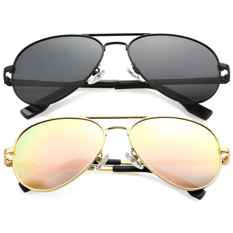 Kursan Kids Small Polarized Aviator Sunglasses for Boys Girls Age 418 100 UV400 Protection 52MM 2 Pack Black Frame Black LensGold Frame Pink Mirrored