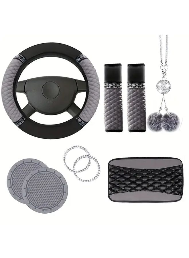 9 قطع من الجلد البولي يوريثان الفاخر لمجموعة داخلية للسيارة باللون الأزرق اللامع - غطاء عجلة القيادة مع حزام، وسادات، حواف لوحة الباب، حاملات أكواب، وواقيات لوحة القيادة، مناسبة للشاحنات وسيارات الدفع الرباعي ومعظم المركبات، سهلة التركيب. - Image 5