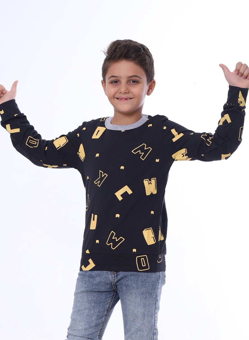 بيبو بلوزة للأولاد مطبوعة بأكمام طويلة_اسود - Image 1