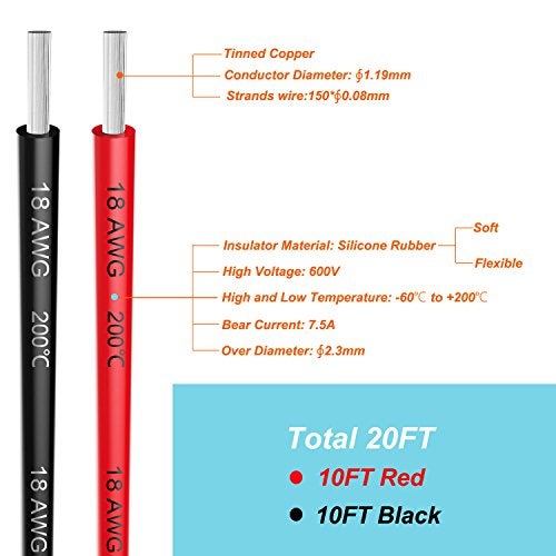Haerkn Electrical Wire 18 AWG 18 Gauge Silicone Wire Hook Up Wire Cable 20 Feet [10 ft Black and 10 ft Red] - Soft and Flexible 150 Strands 0.08mm of Tinned Copper Wire High Temperature Resistance - Image 3