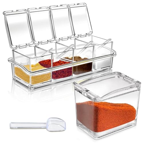 Pujito 4-Cell Clear Seasoning Rack Spice Box Storage Container Condiment Jars Acrylic Seasoning Box with Cover and Spoon - Image 2