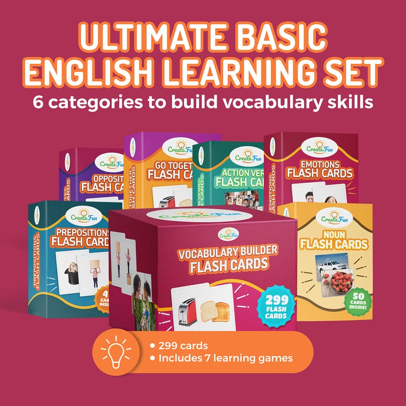 CreateFun Vocabulary Builder Flash Cards - 299 Educational Photo Cards for Home, Speech Therapy Materials, ESL Teaching Materials - Emotions, Matching Go Togethers, Nouns, Opposites, Prepositions, Verbs - Image 2