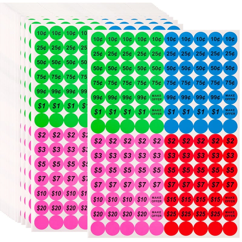 Anronal 2520 Count Garage Sale Pricing Stickers Removable Yard Sale Labels with Prices 34 Round Preprinted Pricing Labels Price Stickers MultiColored