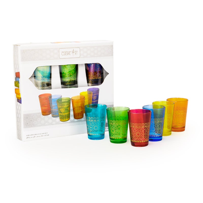 Cuisine Art Jora Deco Moroccan Glass Set, 6 Pieces - Traditional Moroccan Tea Glasses for Mint Tea, Water & Juice – Handcrafted Arabic Style Glassware for Home, Dining & Gifting (Multicolor) - Image 1