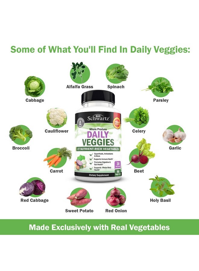 بيو شوارتز مكمل غذائي يومي من الفواكه والخضروات للبالغين - كبسولات فواكه وخضراوات فائقة الجودة لتعزيز الطاقة وصحة الأمعاء ودعم المناعة والعافية العامة مع 47 نوعًا من الفواكه والخضروات الكاملة - شهر واحد - Image 4