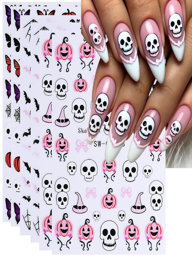 TailaiMei 6 Sheets Halloween Nail Stickers, Pumpkin Bat Bone Butterflies Self-Adhesive Nail Art Decals for DIY Nail Decorations (2506) - Image 1