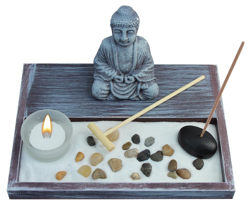 Zen Garden Deluxe Desk Meditation Garden Grey Buddha Statue with Rocks Tea Light Holder Rake Incense and Incense Holder Sand and Base Peace Tranquility Candle Not Included