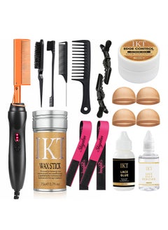 Shiyalan Hot Comb Set, Electric Hair Straightener Comb Curling Iron for Natural Black Hair Wigs Pressing Combs with Wig Glue Hair Wax Stick Set, Rat Tail Comb ＆Salon Clips 