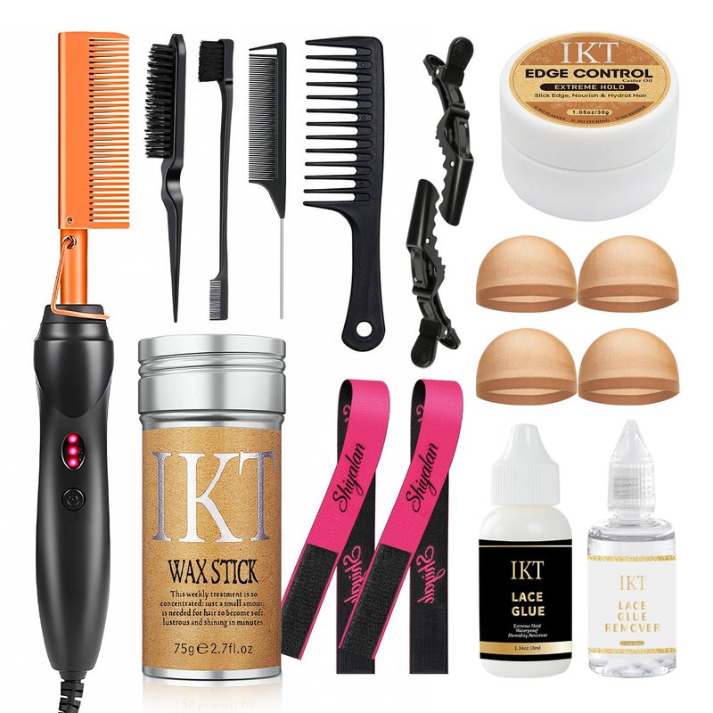 Hot Comb Set, Electric Hair Straightener Comb Curling Iron for Natural Black Hair Wigs Pressing Combs with Wig Glue Hair Wax Stick Set, Rat Tail Comb ＆Salon Clips