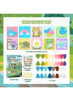 Pllieay Cross Stitch Beginner Kit For Kids, Embroidery Kit For Beginners Includes 10Pcs Plastic Mesh Canvas With Different Pattern, 17 Colored Threads, Instructions And Colorful Box  - Image 2