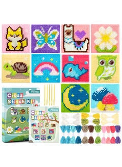 Pllieay Cross Stitch Beginner Kit For Kids, Embroidery Kit For Beginners Includes 10Pcs Plastic Mesh Canvas With Different Pattern, 17 Colored Threads, Instructions And Colorful Box  - Image 1