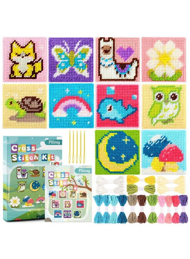 بليلي مجموعة خياطة الصليب للمبتدئين للأطفال، مجموعة تطريز للمبتدئين تتضمن 10 قطع من القماش الشبكي البلاستيكي بنمط مختلف، و17 خيطًا ملونًا، وتعليمات وصندوق ملون - Image 1