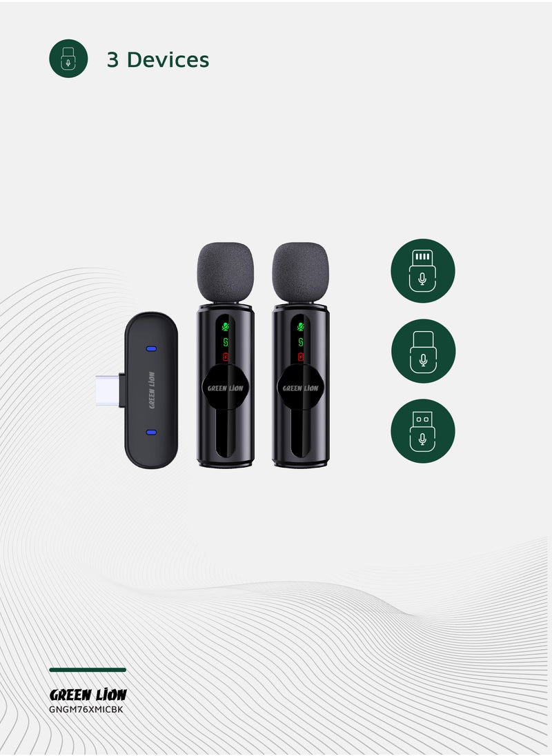 ميكروفونان GM-76X مزودان بخاصية إلغاء الضوضاء على ثلاثة مستويات / شاشة LED / مراقبة فورية / تأخير منخفض للغاية / متعدد الاتجاهات بزاوية 360 درجة / من النوع C / USB-A / Lightning - أسود
