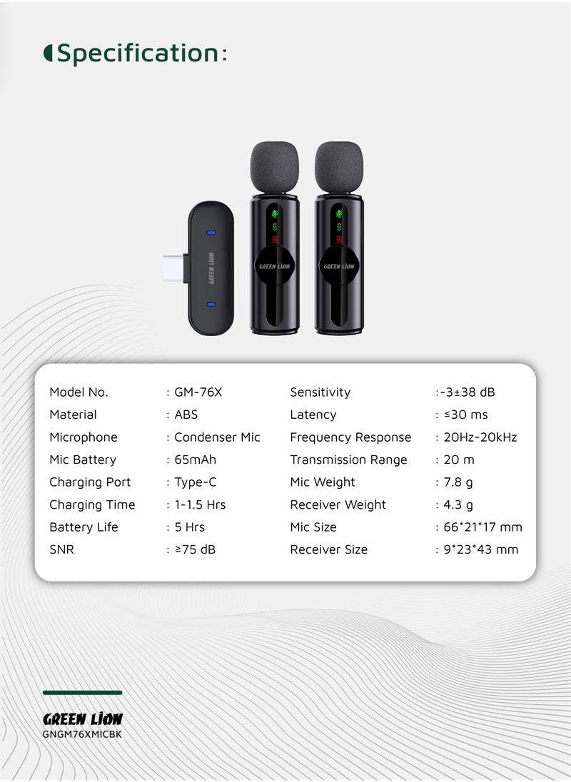 ميكروفونان GM-76X مزودان بخاصية إلغاء الضوضاء على ثلاثة مستويات / شاشة LED / مراقبة فورية / تأخير منخفض للغاية / متعدد الاتجاهات بزاوية 360 درجة / من النوع C / USB-A / Lightning - أسود