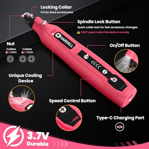 HARDELL Mini Cordless Rotary Tool, 5-Speed 3.7V Rechargeable Rotary Tool Kit with 69 Accessories, USB Charging Multi-Purpose DIY Tool for Sanding, Polishing, Drilling, Engraving(Pink 69pcs) - Image 2