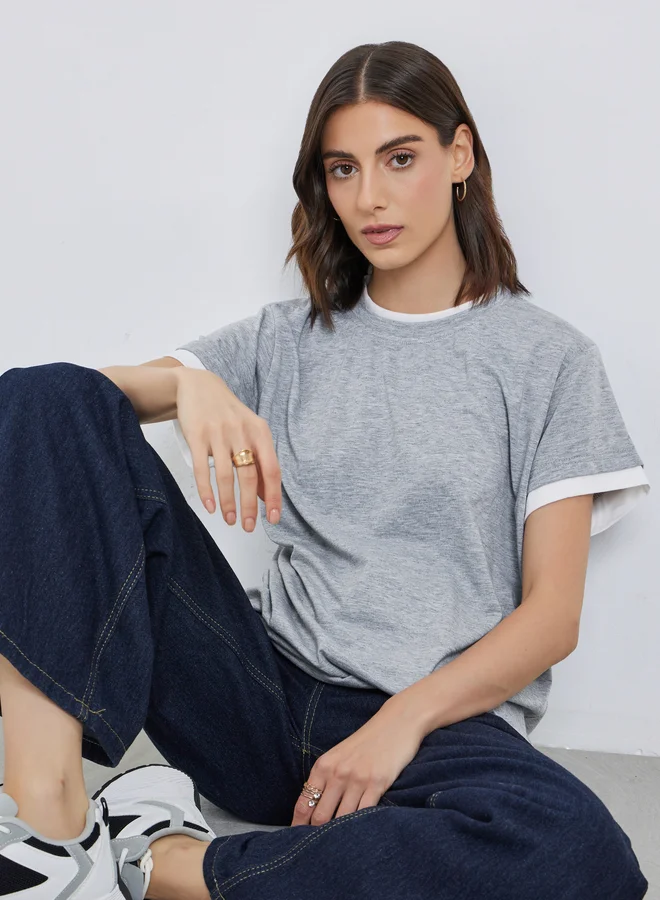 تايك تو Take Two Contrast Trim Short Sleeve Oversized T-Shirt