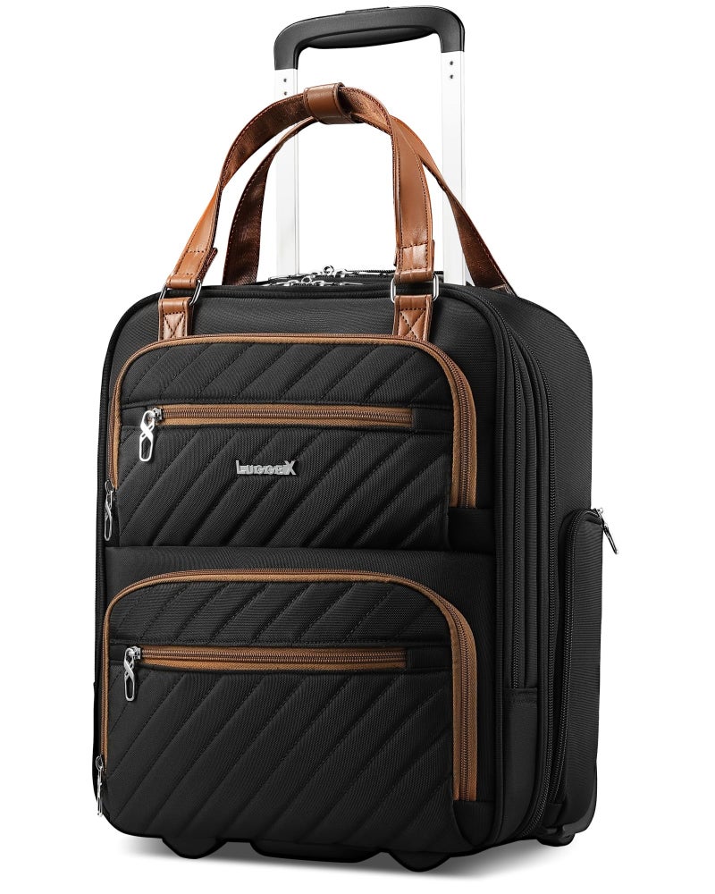 LUGGEX Underseat Carry On Luggage with Wheels, Stylish Lightweight Under Seat Luggage, Soft Sided Personal Item Suitcase for Short Trip (Chestnut Black, 16 Inch) - Image 1