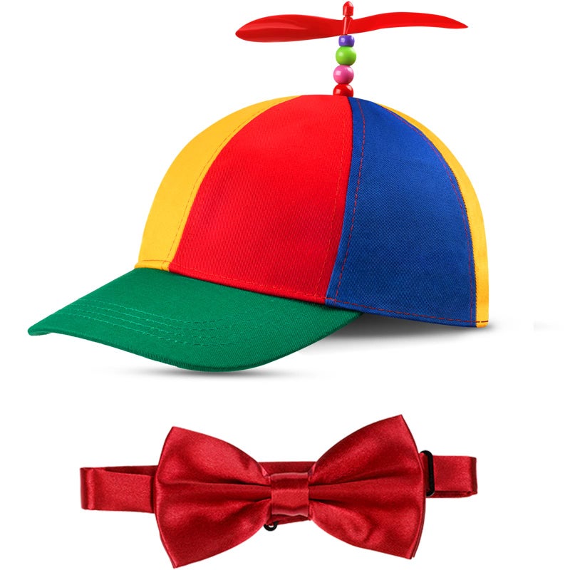 Sintege 2 Pcs Propeller Top Hat Rainbow Nerd Silly Twirly Cap Helicopter Hat with Spinner and Adjustable Bowtie for Costumes Red - Image 2