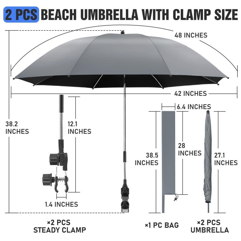 NBtoUS 2 PACK Chair Umbrella with Clamp, 360 Â° Adjustable, UPF50+ Sunshade for Beach Chair, Patio Chair, Camping Chair, Golf Cartsï¼ˆGrey, Chair Not Included - Image 3