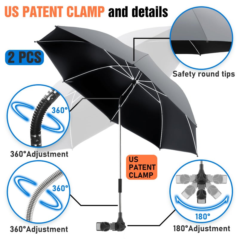NBtoUS 2 PACK Chair Umbrella with Clamp, 360 Â° Adjustable, UPF50+ Sunshade for Beach Chair, Patio Chair, Camping Chair, Golf Cartsï¼ˆGrey, Chair Not Included - Image 4
