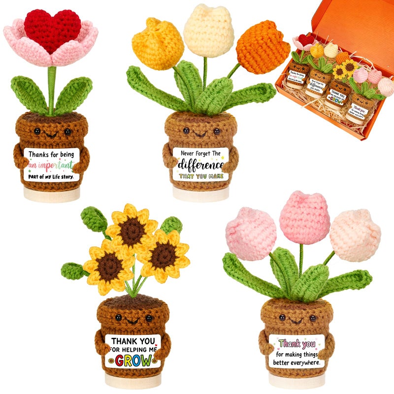 Bafeil 4 Pcs Employee Appreciation Thank You Gifts for Women, Positive Crochet Sunflower Tulip Heart Potted Plant Dolls with Card Wooden Stands Box, Teacher Self Care Staff Inspirational Gifts Bulk - Image 1